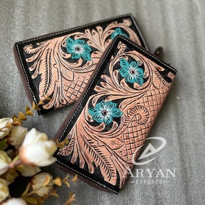 Hand <b>Tooled</b> Turquoise Flower <b>Leather</b> Wallet Stylish Genuine <b>Leather</b> Zip Continental Purse Western Clutch Card Case Gifts for Her - Product Image 1