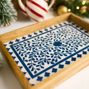 Plateau de service artisanal en bois Art Déco avec travail Meena pour la cuisine, la table à manger, organisateur décoratif utilitaire - Product Image 1