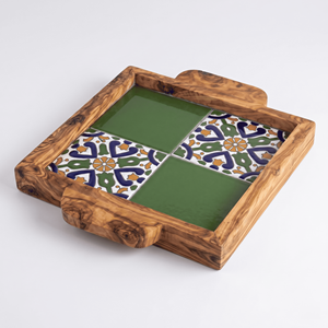 Aesthetic Square Handmade Disposable Olivewood & Ceramic Tile Ottoman Serving <b>Tray</b> for Modern Coffee Table Decor - Product Image 3