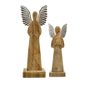 Primitive Farmhouse Holiday Decoration Wood and Metal Praying Figurines Wooden Angel Christmas Statues Set of 2