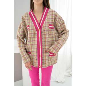 Chaqueta a cuadros acanalada fucsia de otoño al por mayor - Product Image 2