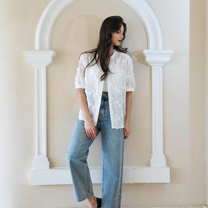 Blusa informal de manga larga de gasa elegante OLAESA, blusa blanca de encaje a la moda con ojales bordados para mujer - Product Image 5