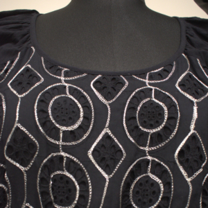 Elegant Silver All-Over <b>Dress</b> for Adults Zari Work <b>Schiffli</b> <b>Embroidery</b> O-Neck Puff Rayon Straight Silhouette Summer Solid - Product Image 1