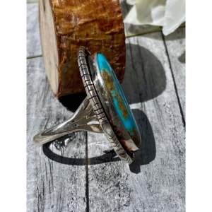 Navajo Handmade <b>Statement</b> <b>Ring</b> Kingman Turquoise & Sterling <b>Silver</b> Size 8.5 Bezel Set with Natural Stone Everyday Wear - Product Image 3