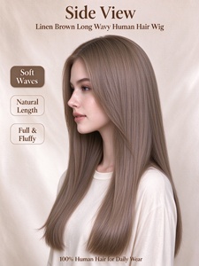 Premium 100% Human Hair Long Straight <b>Wig</b> Linen Brown Natural Hairline for Women - Product Image 2