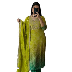Ladies Special Pure Gorgeous Premium Embroidery Zari Work V Neck Style Bright Color Three Piece <b>Silk</b> <b>Kurta</b>/Kurti Wholesale Price - Product Image 1