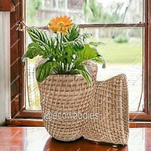 Artificial Flower Plant Pots Seagrass Woven Eco-friendly Handcrafted <b>Storage</b> Belly Baskets Set 2 Boho Decor Modern Simple Home - Product Image 3