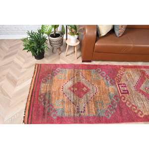 พรมวินเทจสไตล์ตุรกี, พรมปูพื้นขนาด 3.1x10.7 ฟุต (93x325 ซม.), พรมขนสัตว์ลายดอกไม้สีแดง - Product Image 1