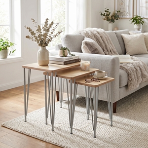 Juego de mesas de centro modernas con superficie de madera y patas de metal tipo horquilla, mesas auxiliares para sala de estar, muebles para el hogar - Product Image 4