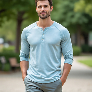 High Quality 100% Cotton <b>Men's</b> Full Sleeve Henley T-<b>Shirt</b> Custom Logo Printed Casual <b>Shirt</b> in 6XL Size - Product Image 6