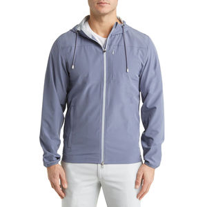 แจ็กเก็ตกันลมมีฮู้ดแขนยาวสำหรับผู้ชายสีพื้นสีฟ้างาน OEM ตามสั่งด้านหน้าสำหรับฤดูหนาว - Product Image 4