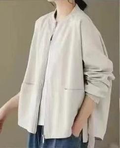 Printemps Automne Nouvelle Couleur Unie Simple Col Montant Manches Longues Vintage Loose-fit Cropped Veste Femmes Haut En Cuir - Product Image 6