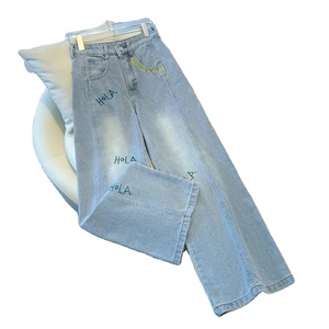 กางเกงยีนส์เอวสูงทรงขากว้างสำหรับผู้หญิง ผ้าเดนิมพิมพ์ลาย ย้อมเส้นด้าย ระบายอากาศได้ดี ผ้าฝ้ายลำลอง - Product Image 4