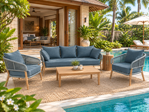 Conjunto de sofá de ratán tropical para exteriores con cojines azules para jardín, patio o villa, muebles de mimbre de PE impermeables. - Product Image 1