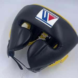Protège-tête de boxe professionnel personnalisé de haute qualité en cuir véritable, protection de la tête noire avec bordure jaune - Product Image 2