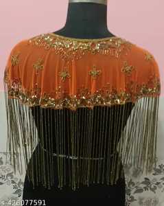 Orange Polyester <b>Cape</b> Beautiful Back Design Beaded Strands Sequins Fastens Neck for Festivals Celebrations Traditional Shawls - Product Image 2