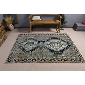 Alfombra Turca de 5x6.6 pies, Alfombra de Lana a Rayas Azules Vintage - Product Image 3