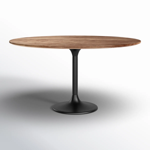 Table de salle à manger moderne de style bistrot, café, restaurant, cuisine, avec base en fonte industrielle de forme ovale, plateau en bois d'acacia, finition naturelle et noire - Product Image 2