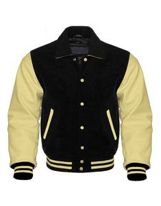 Chaqueta Varsity para Mujer en Color Negro y Crema con Bloques de Color, Cuerpo de Lana, Mangas de Cuero y Cuello Camisero - Product Image 5