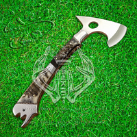 Hache à barbe de chasse et de camping en acier D2 de qualité industrielle, à lame pleine, avec manche en corne de bœuf, type tomahawk, avec étui en cuir – Cadeau