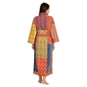 100% Cotton Reversible Long Kimono Jacket Women's Unisex Bohemian Handmade Kantha <b>Stitch</b> Robe Ajrakh Pattern Red Orange Yellow - Product Image 2
