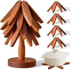 Artisan Wooden Tree Shape Coaster & <b>Trivet</b> Set | Sustainable <b>Wood</b> Hot Pot Stand | Decorative Tableware Set - Product Image 4