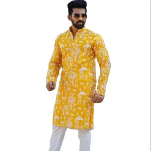 Haldi days most trendy yellow color Cotton Mirror Work mens kurta pajama set at Best Quality with Lowest Price Supplier India