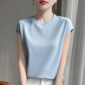 เสื้อยืดคอกลมใส่สบายสำหรับผู้หญิงผ้าไหม/ผ้าฝ้ายกันหด180ก. ผ้าถักสีทึบแขนสามส่วนเรียบสำหรับฤดูร้อน - Product Image 5