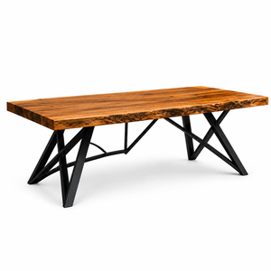 Table à manger en bois moderne, durable et écologique avec plateau en bois massif et base en métal noir en forme de X, meubles de salle à manger - Product Image 1