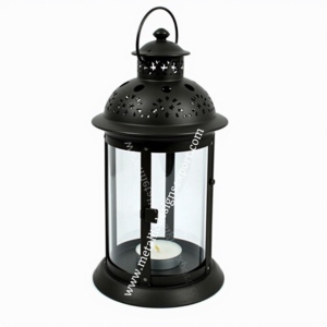 Linterna moderna de metal negro con recortes de estrellas, paneles de vidrio y Asa de anillo, perfecta para decoración de velas hechas a mano para el hogar o eventos - Product Image 3