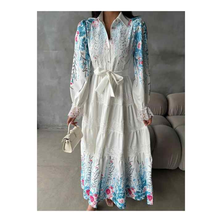 Atlas Fabric & Lace Detailed Dress (Sash Included) - Beige
