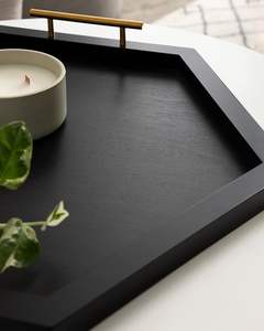 Hexagon <b>Decorative</b> Wooden <b>Tray</b> with Polished Metal Handles 22 x 19 Black and Gold Modern Glam <b>Wood</b> Serving <b>Tray</b> For Home Hotels - Product Image 6