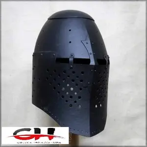중세 기사 검은 헬멧 18 게이지 바스켓 갑옷 강철 사원 헬멧 선물 헬멧.