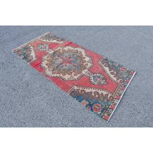 Alfombra de lana turca Vintage de 3,2x7,4 pies, tejido plano rojo y azul de retazos para decoraciones de sala de estar, respaldo de látex - Product Image 2