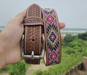Brown Tooled Leather <b>Western</b> <b>Belt</b> with Pink Black Tribal Beaded Design - Product Image 2
