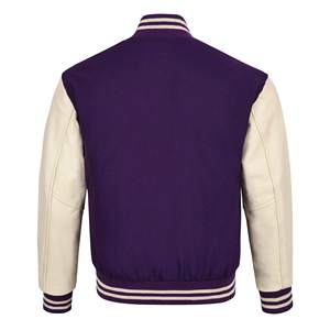 Chaqueta Varsity Morada para Hombre con Mangas Color Crema, Cuello Alto, Cierre de Botones, Estilo Preppy, para Otoño - Product Image 2