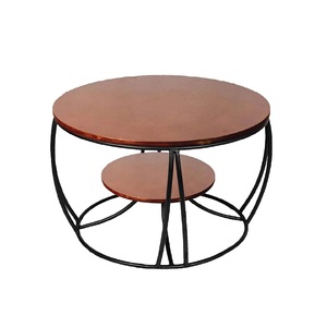 Mesa de Centro Redonda Estilo Rústico de Dos Niveles, Mesa de Centro de Madera y Metal, Color Marrón Rústico, Mesa Moderna para Sala de Estar - Product Image 1