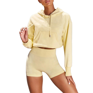 Dark Gray Womens Hoodie and <b>Shorts</b> Set Casual Two Piece Loungewear with Cropped Pullover and Elastic Waist - Product Image 1