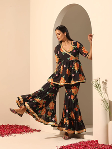 GUL NARANGI SHARARA SET Black Printed Georgette Cotton Casual <b>Dresses</b> Half Sleeve Length Casual Style Hollow Natural - Product Image 3