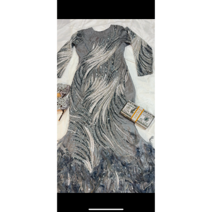 Special Design Mermaid Evening <b>Dress</b> XS Size Long A-Line Style O-Neck Sheer Layer Feathered Hem Rhinestone Pearl Decor Formal - Product Image 2