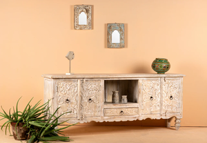 Meuble TV convertible de luxe extensible en bois massif, style ferme moderne, pour salon, avec sculpture artisanale - Product Image 2