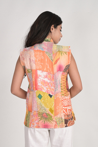 Chaqueta Acolchada con Estampado de Patchwork y Cuello Mao, Chaqueta de Algodón Estampada, Chaqueta sin Mangas Estilo Primavera para Mujer - Product Image 5