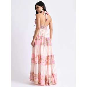 Robe maxi imprimée rose poudré pour femmes, sans manches, col en V, taille empire, robe longue, style bohème, ethnique, vêtements d'été - Product Image 4