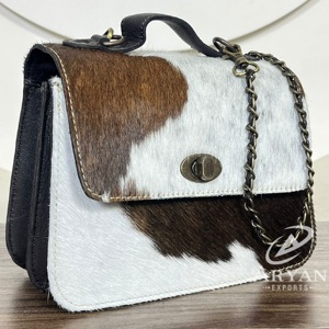 Bolso de Mano de Cuero Vacuno con Pelo Auténtico para Mujer, Bolso de Hombro Vintage con Correa de Cadena Cruzada y Cierre Giratorio - Product Image 1