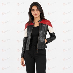 Chaqueta de Motociclista de Cuero Genuino para Mujer TiierWear, Diseño Color Block Negro, Rojo y Blanco, Cierre de Cremallera, Cuello Alto, Estilo Otoñal - Product Image 2