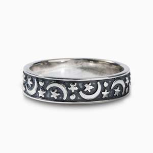 Jeulia Vintage Moon & Star Sterling Silver Band-18K Plated Anniversary <b>Ring</b> - Product Image 1