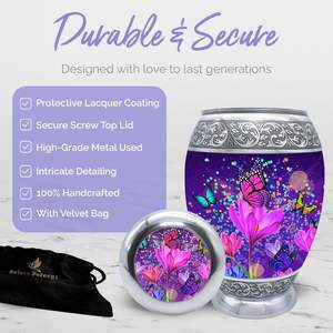 โกศสีม่วงขนาดใหญ่พร้อมผีเสื้อ - โกศสําหรับผู้ใหญ่สําหรับผู้หญิงและผู้ชายที่มีกระเป๋า - โกศผีเสื้อสีม่วงสําหรับเถ้าผู้ใหญ่ - เกียรติยศคนที่คุณรัก - Product Image 3