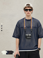 T-shirt en maille coupe ample pour homme, style streetwear, ajouré, respirant, en tissu filet, à manches courtes, pour superposition, avec logo personnalisé