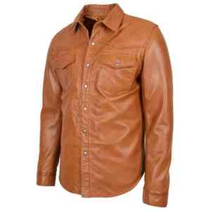 Casual <b>Shirt</b> Sheep Leather OEM New Fashion Modern <b>Short</b> <b>Sleeve</b> Drop Shoulder Oversized Double Chest Pockets Zip <b>up</b> Plain for Men - Product Image 6