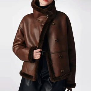 Top Selling Women's Buttoned Closure Brown Shearling <b>Real</b> Leather Jacket Fur <b>Coat</b> Aviator <b>Sheepskin</b> Leather Bomber Jacket - Product Image 1